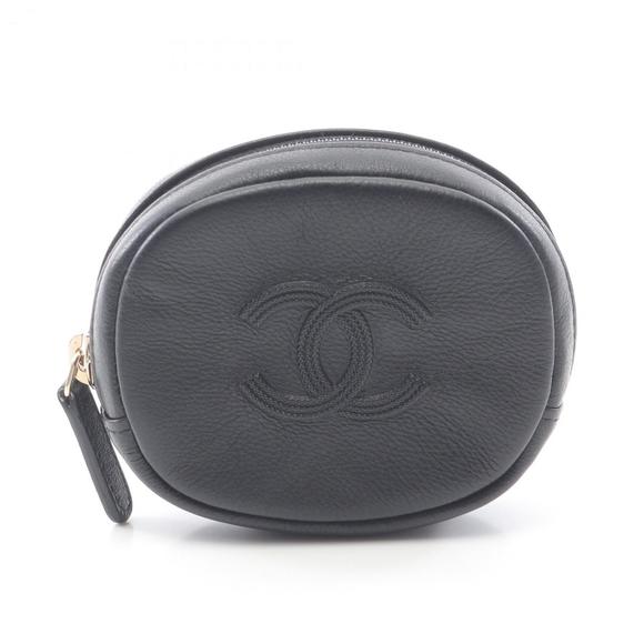 CHANEL Coco Mark Round Pouch Bag Leather Women's Black - Picture 1 of 6